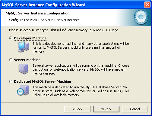 MySQL Server Instance Config Wizard: Server
Type
