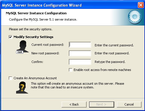 MySQL Server Instance Config Wizard:
Security (Existing Installation)