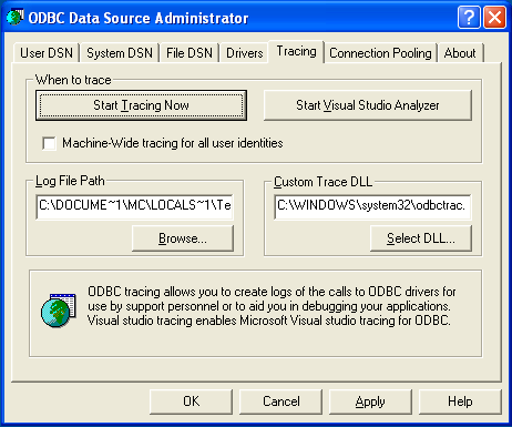 ODBC Data Source Administrator Tracing
Dialog
