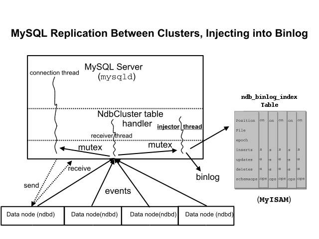 レプリケーション マスタ
クラスタ、binlog
インジェクタースレッド、および
ndb_binlog_index テーブル