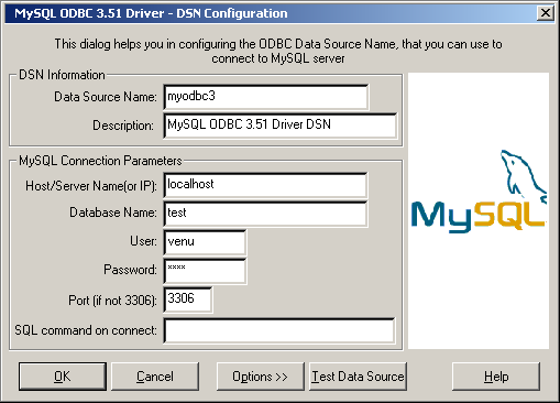 Filled-In MySQL ODBC DSN
Configuration Dialog
